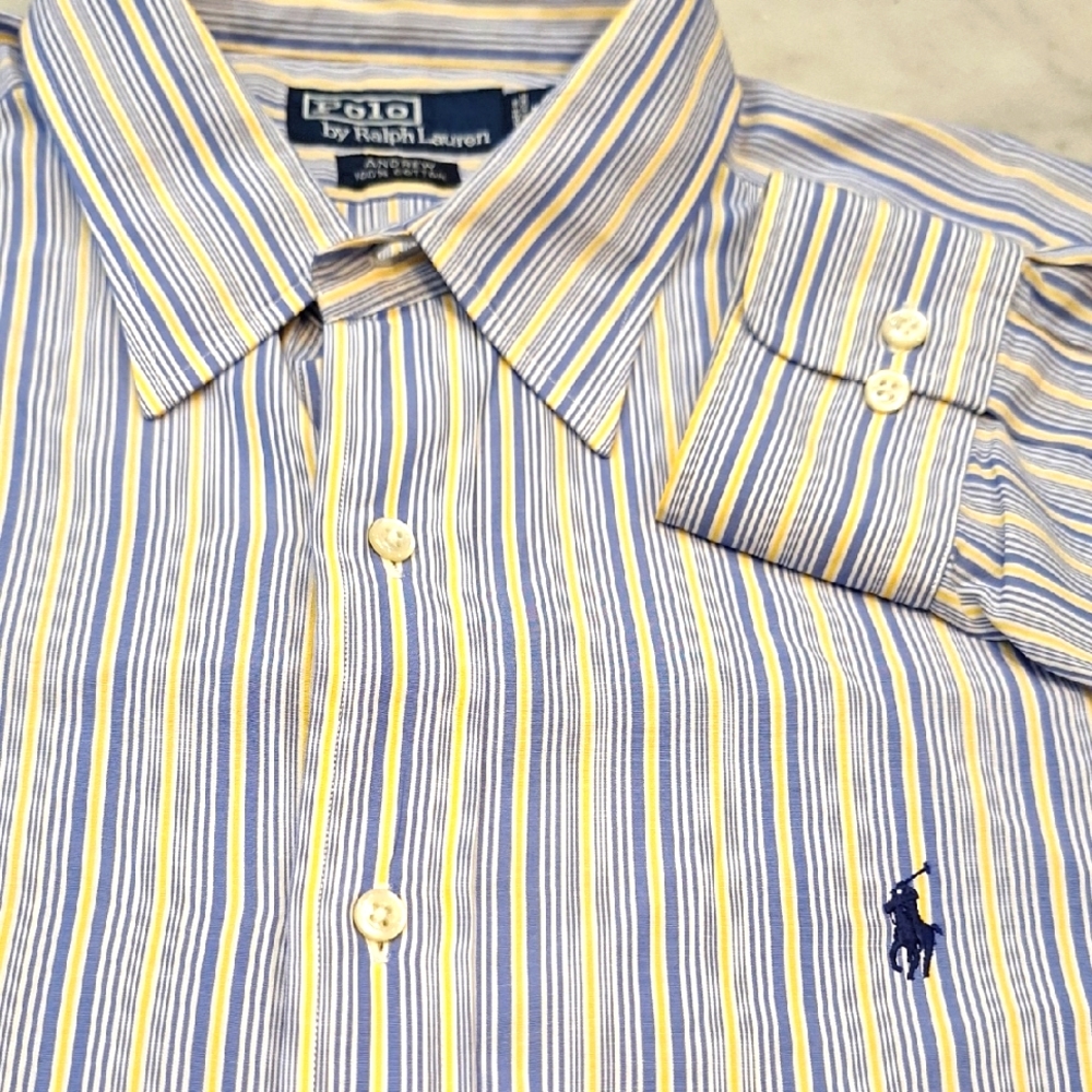 Polo Ralph Lauren Men's Striped Andrew Shirt Blue Yellow White Sz 17X36/37 = XL